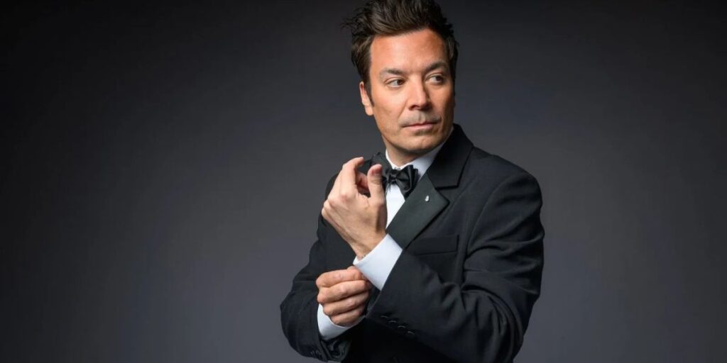 Portrait of Jimmy Fallon highlighting his success and estimated net worth in 2025