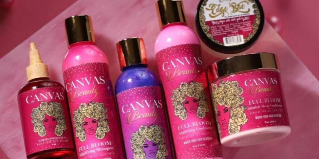 Canvas Beauty haircare products by Stormi Steele arranged on a clean background