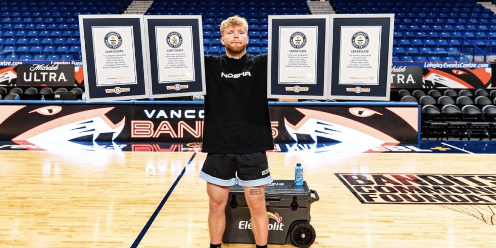 Basketball star Tristan Jass breaking four Guinness World Records in four hours, showcasing athletic skill and digital influencer fame