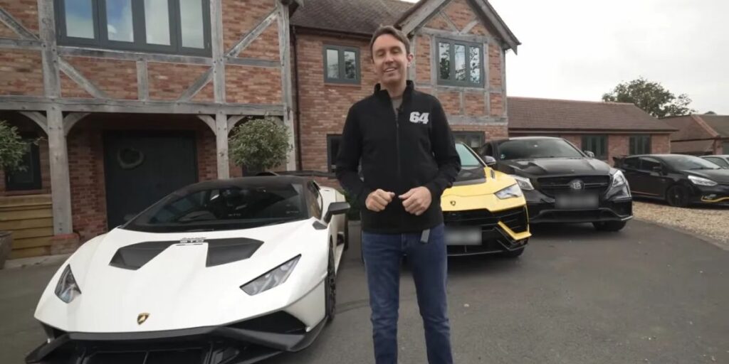 Mark McCann showcasing his luxury car collection including McLaren, Lamborghini, and Porsche in 2025